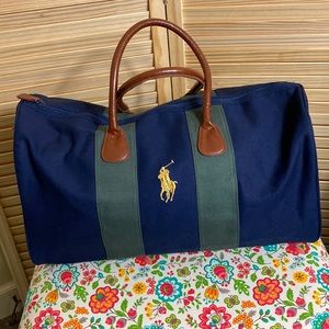 Ralph Lauren Polo Duffle Bag Leather Handles Adjustable Shoulder Strap Blue